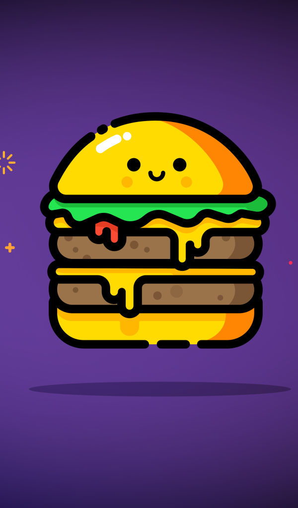 Нарисованный веселый гамбургер на фиолетовом фоне