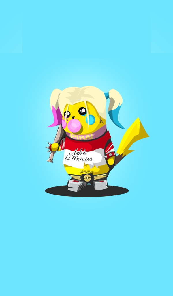 Pikachu in a Harley Quinn costume on a blue background