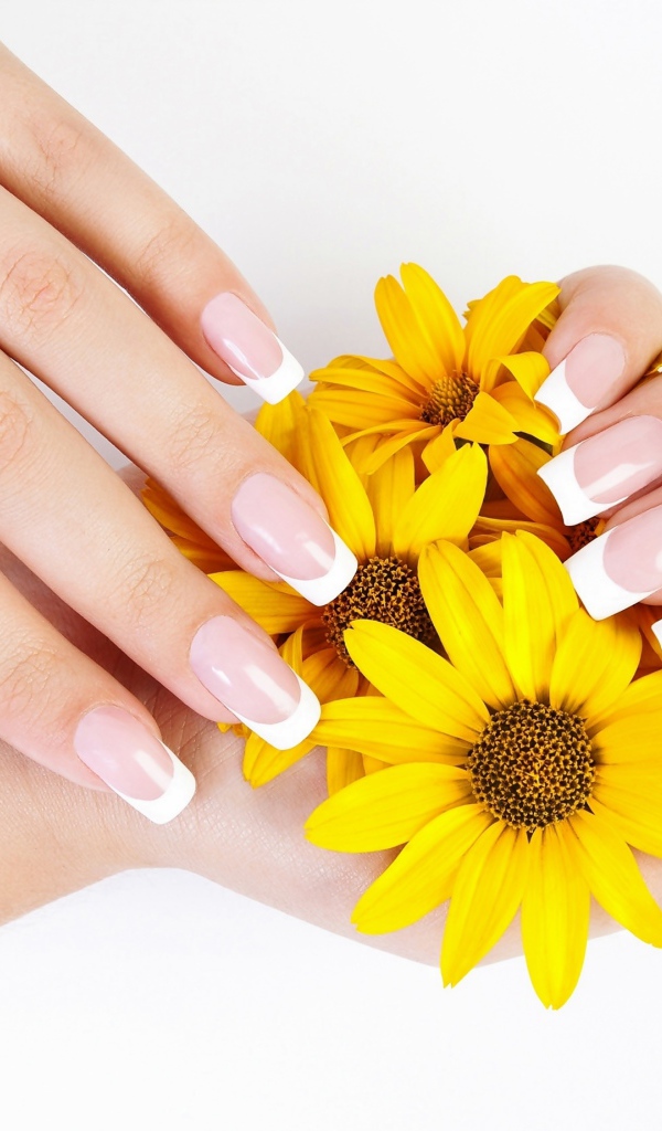 Beautiful female hands with a manicure with yellow flowers