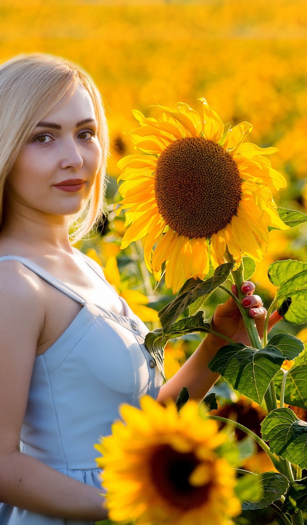 Красивая блондинка в цветущих подсолнухах 