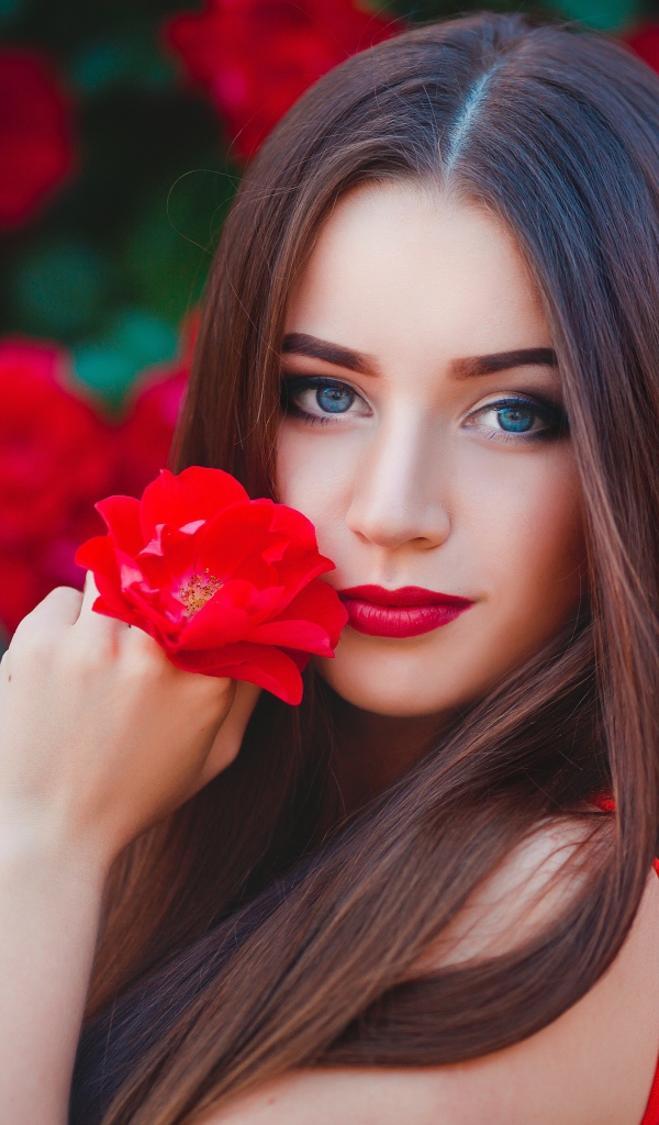 Красивая голубоглазая девушка с красной розой в руке