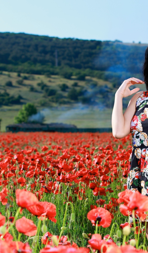 Красивая брюнетка стоит на поле с красными маками