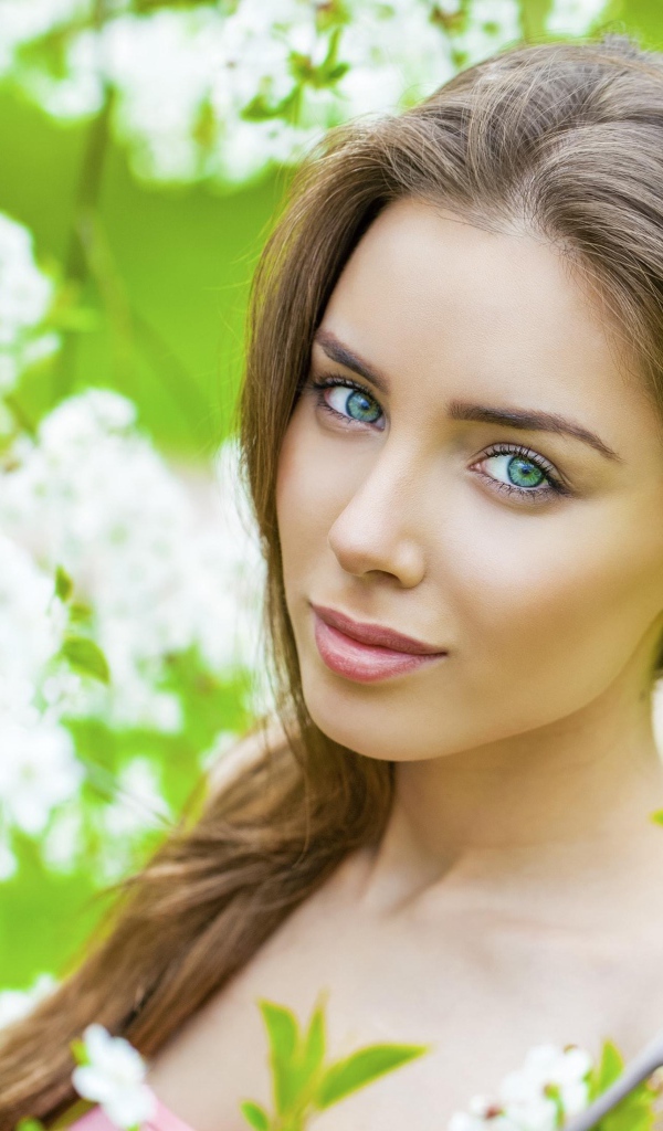 Красивая зеленоглазая девушка у цветущей вишни 