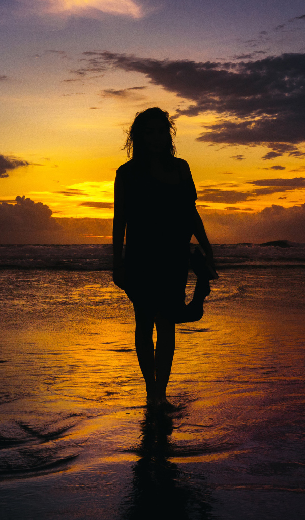 Силуэт красивой девушки на берегу моря на закате