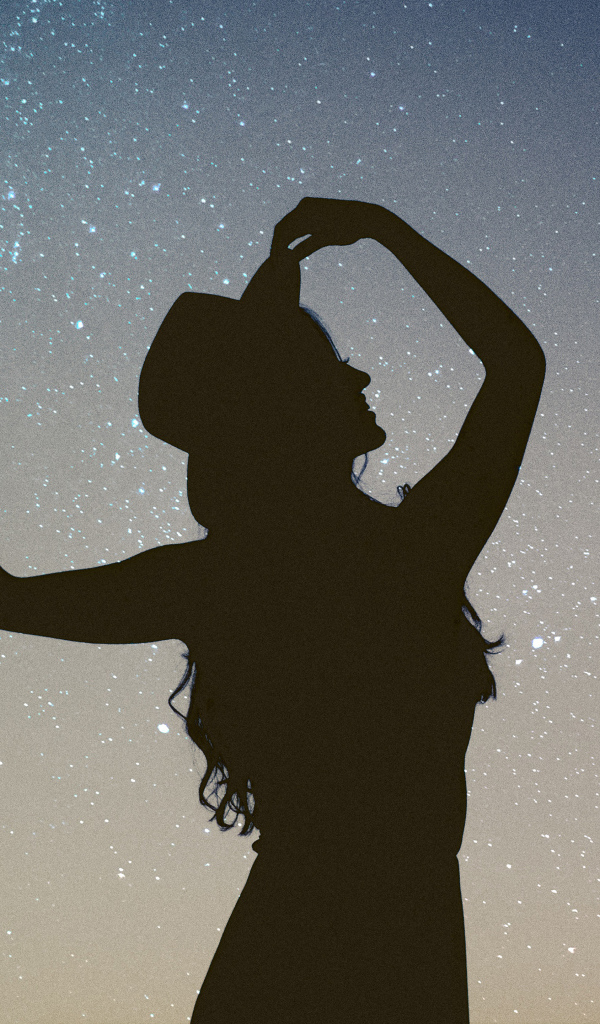 Силуэт девушки в шляпе на фоне неба