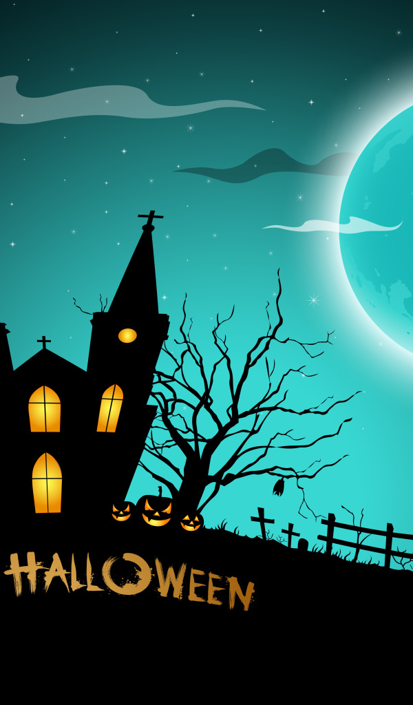Черный замок на фоне луны на праздник Хэллоуин