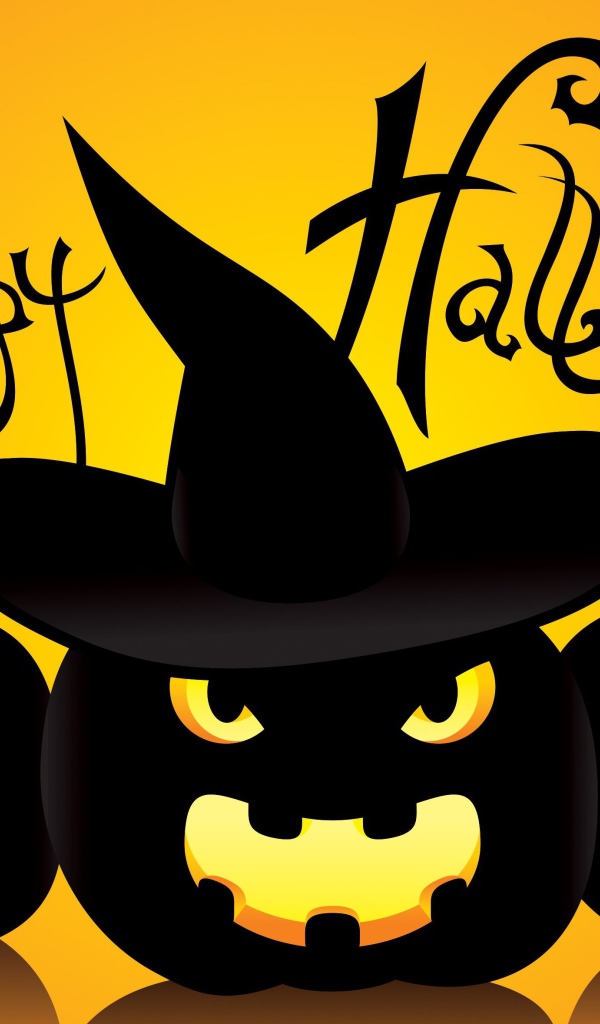 Черные тыквы в шляпах на желтом фоне к празднику Хэллоуин