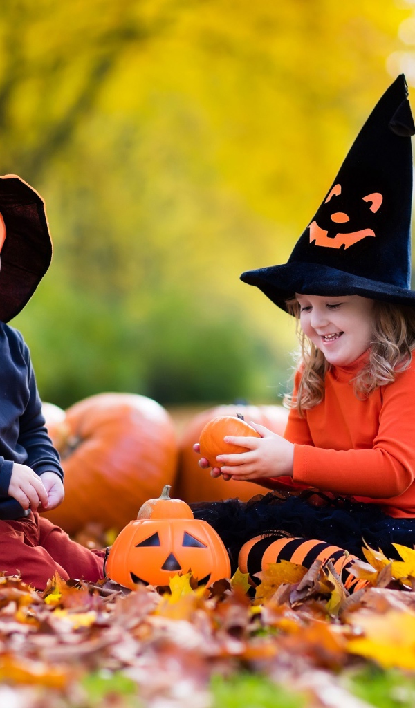 Маленькие мальчик и девочка сидят на опавших листьях с тыквами на Хэллоуин