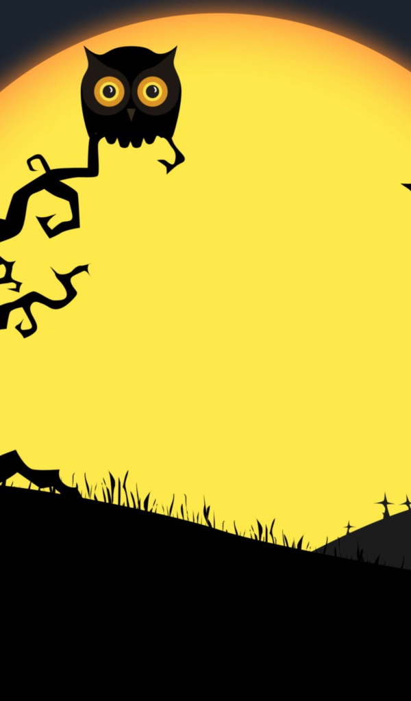 Дерево с совой и злобными тыквами на фоне луны на Хэллоуин