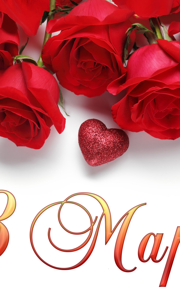 Beautiful red roses with hearts on a white background, postcard for March 8