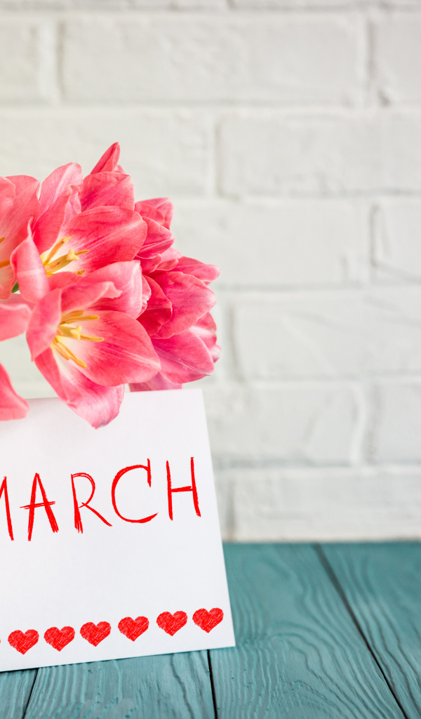 Букет тюльпанов и открытка на фоне стены на 8 марта