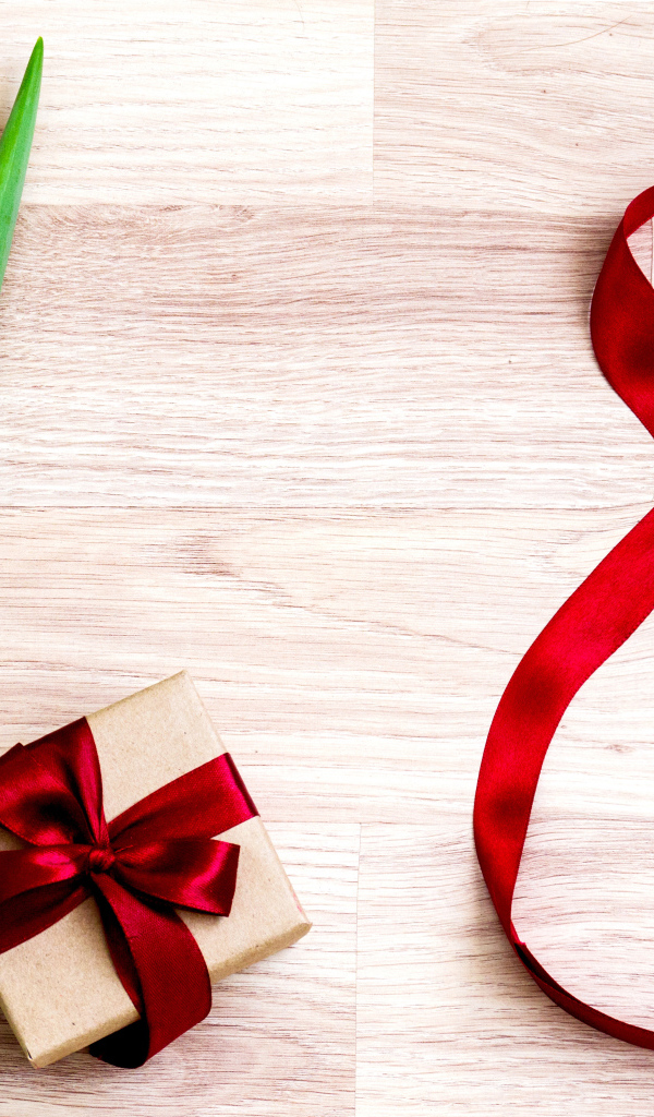 Тюльпан и подарок с лентой на Международный женский день 8 марта