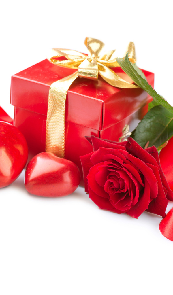 Подарок в красной коробке на белом фоне с красными сердечками и красной розой, подарок любимой на 14 февраля