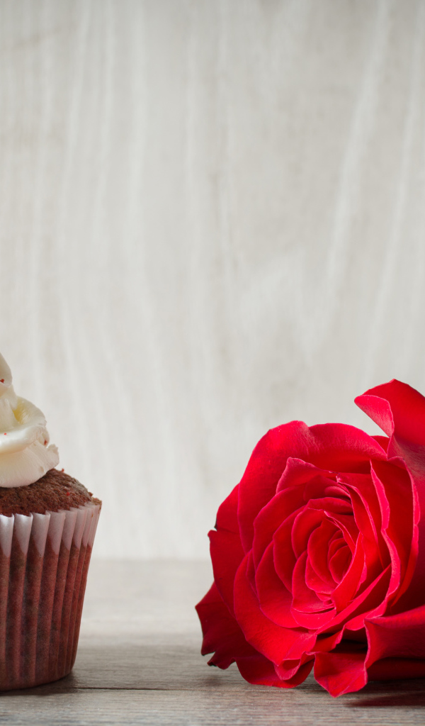 Кекс с сердечками и красная роза для любимой на 14 февраля