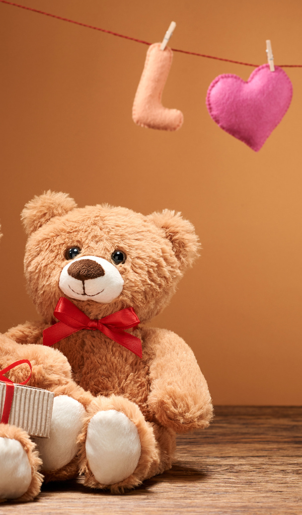 Два медвежонка Тедди с подарком на День Святого Валентина 