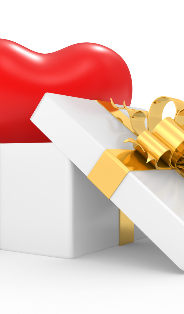 Белая подарочная коробка большим красным сердцем на белом фоне на 14 февраля