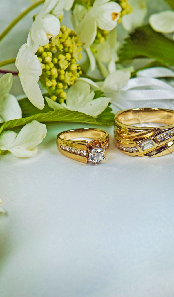 Два обручальных кольца на подушечке обшитой цветами