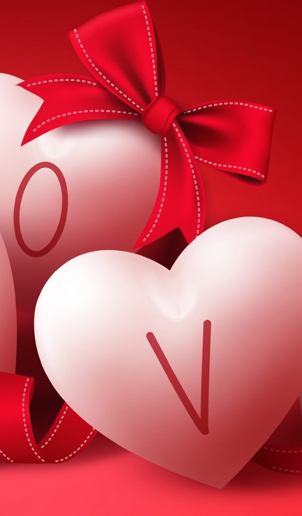 Большие белые сердечки на красном фоне с бантом