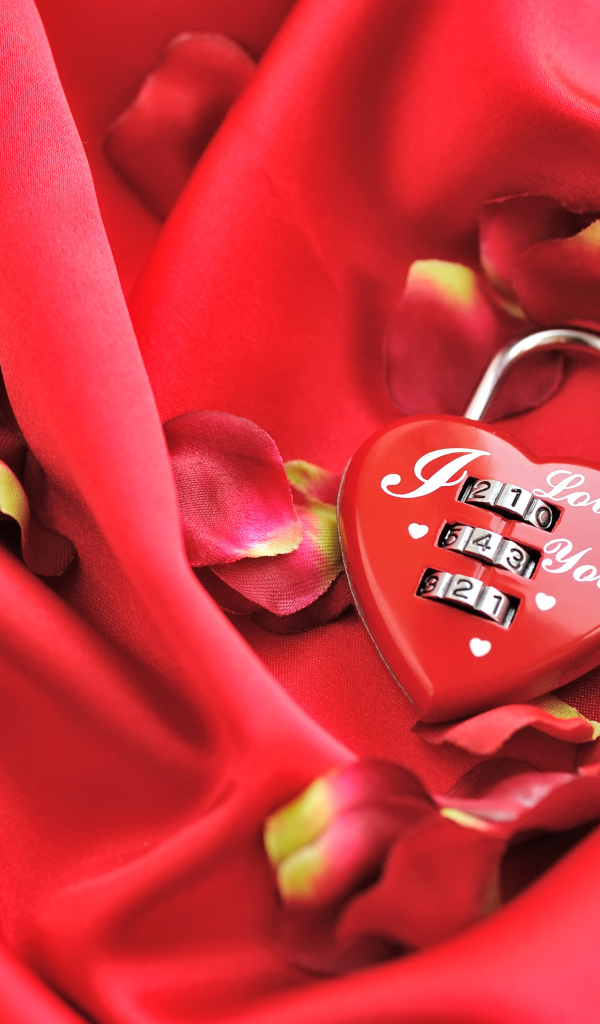 Кодовый замок в форме сердца на красном фоне с лепестками розы