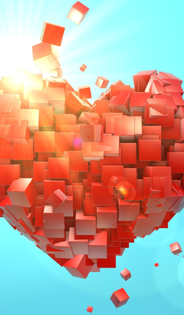 Сердце из красных кубиков на голубом фоне