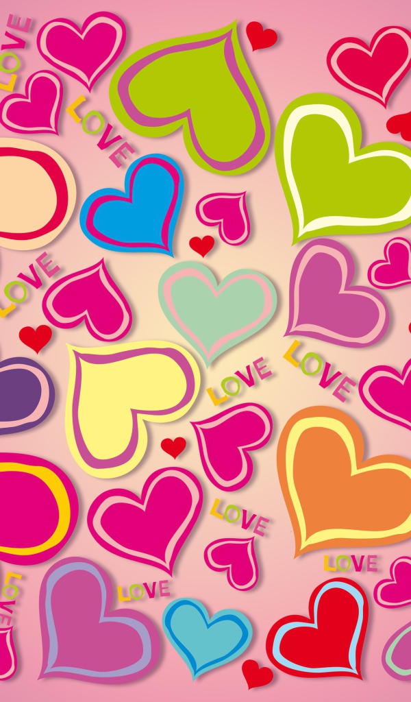 Много разноцветных сердечек на розовом фоне