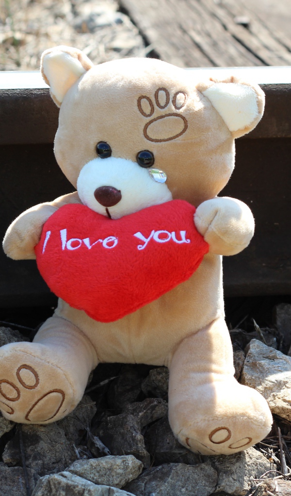 Игрушечный медведь с красным сердцем сидит на рельсах 