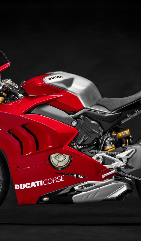 Красный мотоцикл  Ducati Panigale V4 R, 2019 года вид сбоку