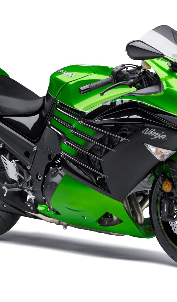 Зеленый мотоцикл Kawasaki Ninja ZX-14R на белом фоне