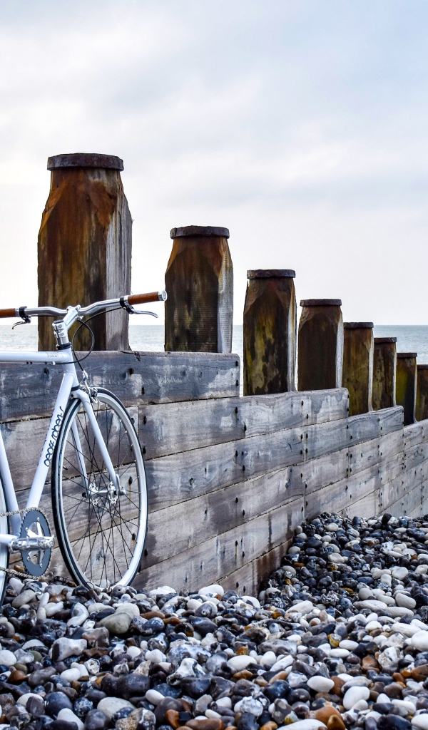 Велосипед стоит и моста на берегу моря