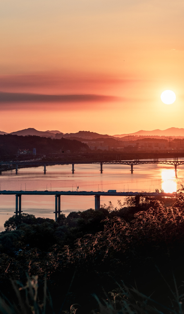 Рассвет над мостами над рекой 