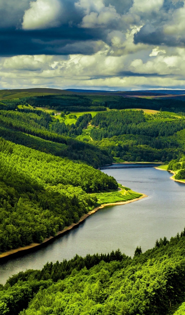 Зеленые холмы у реки под небом с густыми белыми облаками