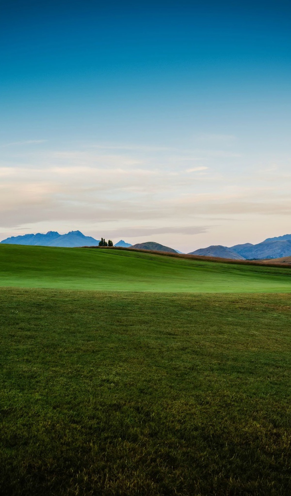 Зеленый луг на фоне красивого неба