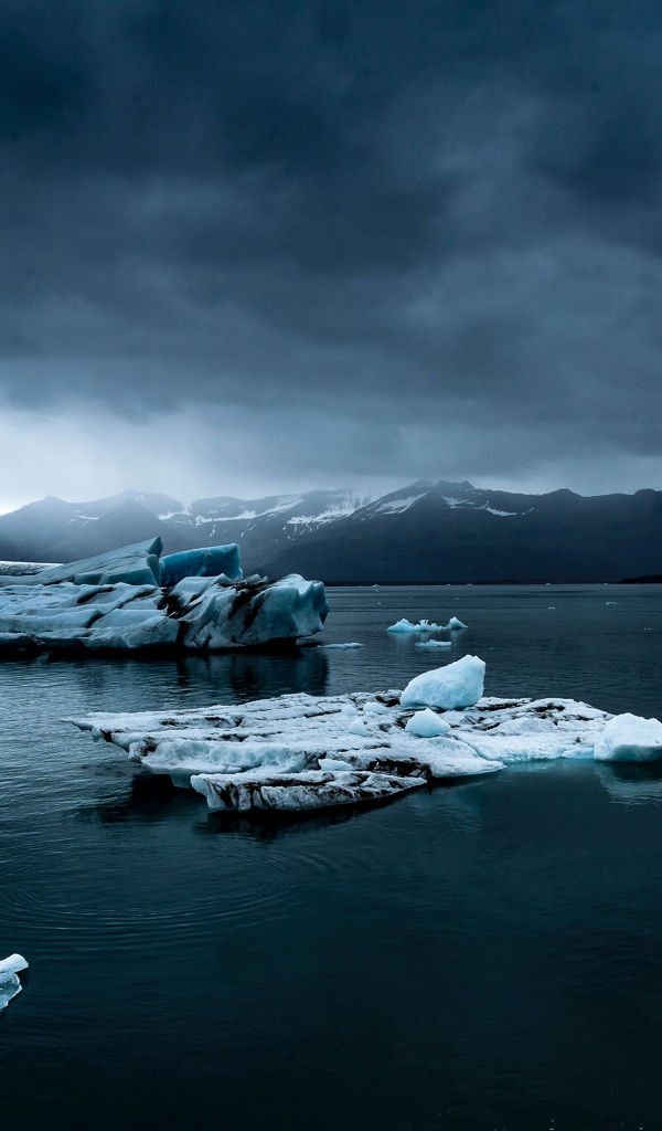 Большие голубые льдины в воде под пасмурным небом