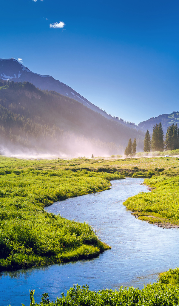 Речка на фоне покрытых зеленью гор под голубым небом