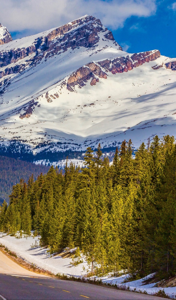 Дорога на фоне заснеженных гор, Национальный парк Банф. Канада