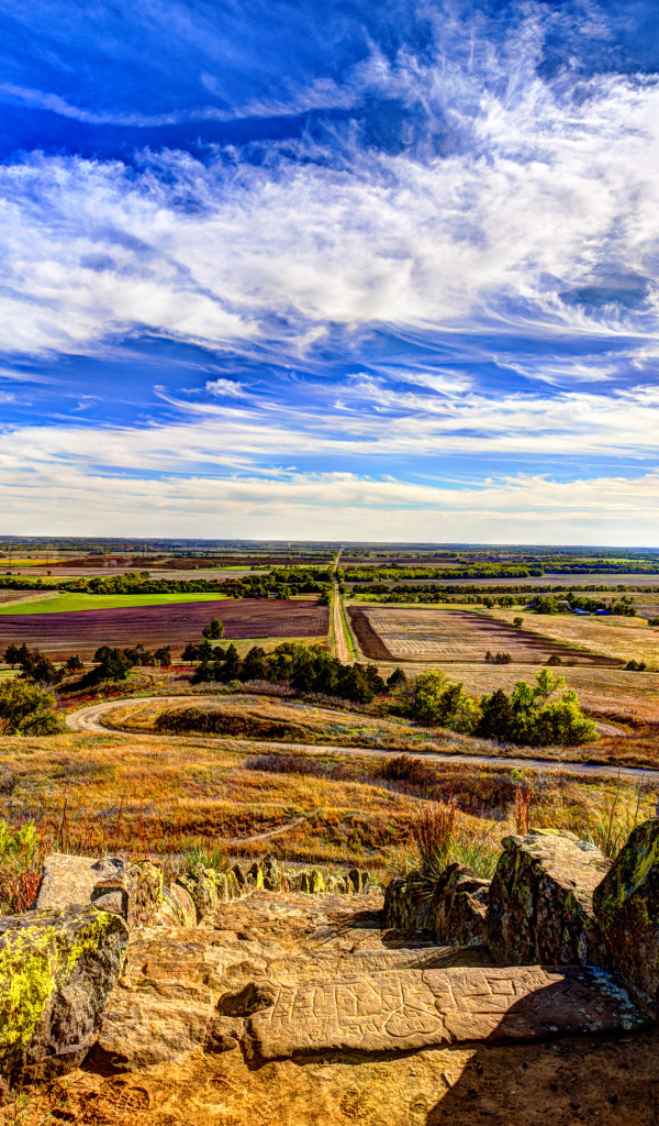Вид на поле под красивым голубым небом с белыми облаками