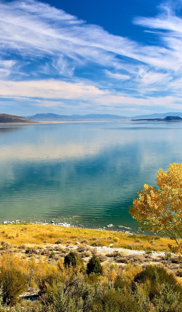 Белые облака в голубом небе отражаются в озере