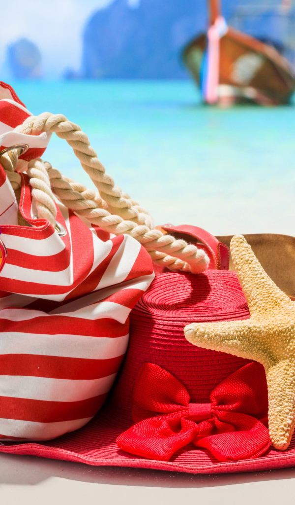 Большая красная шляпа с сумкой и морской звездой на пляже
