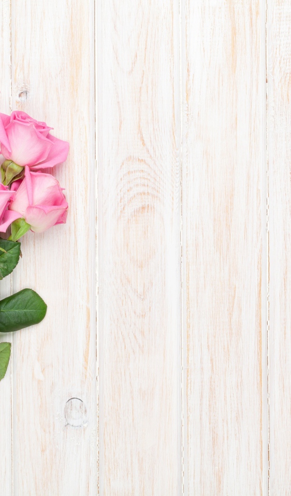 Красивый букет розовых роз на деревянных досках, фон для открытки