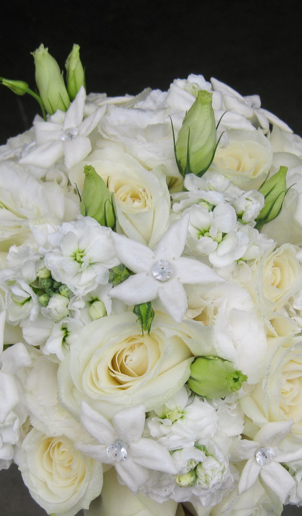 Красивый букет роз с цветами левкой 