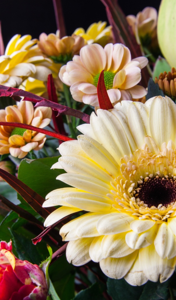 Букет с цветами герберы, розы и хризантемы