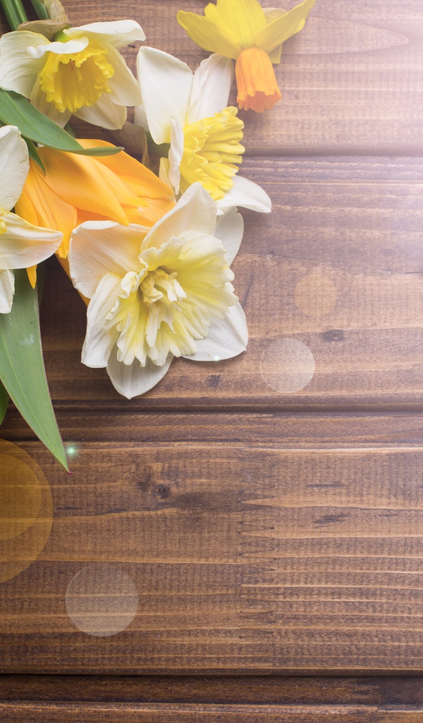 Нарциссы и желтые тюльпаны на деревянном фоне