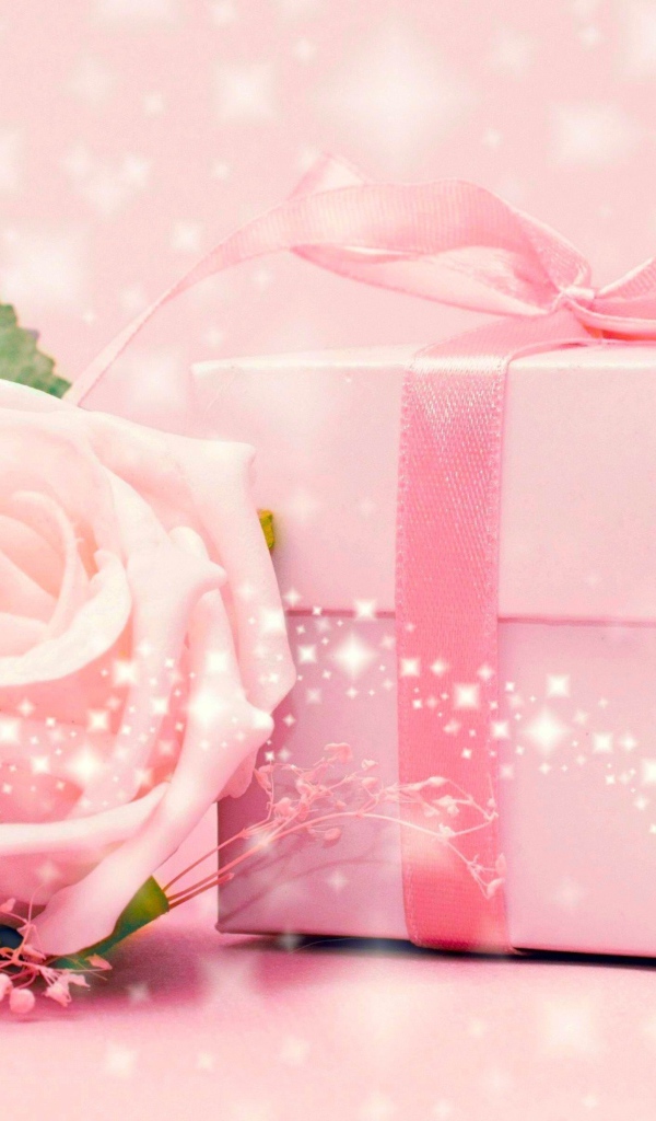 Розовая коробка с подарком и розовой розой 