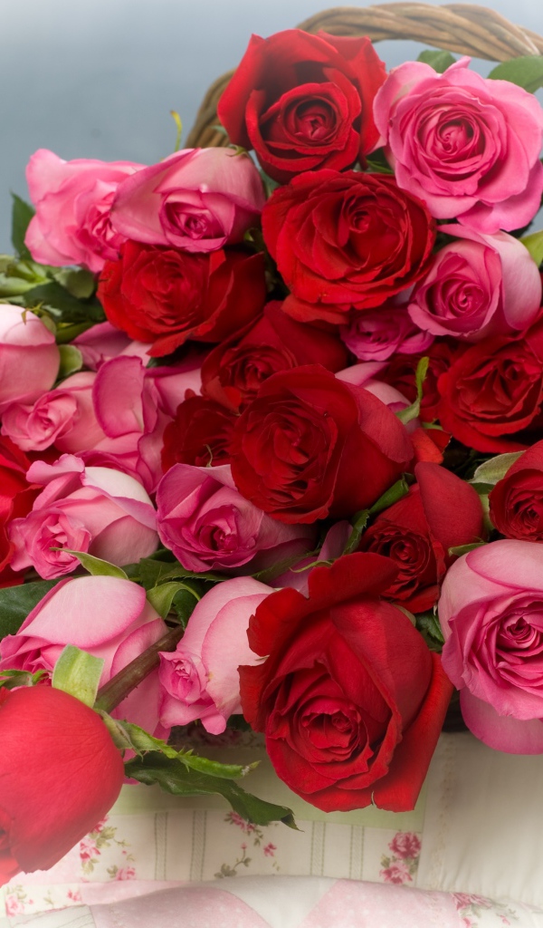 Красные и розовые розы в корзине
