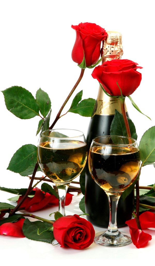 Красные розы с бутылкой шампанского и бокалами на белом фоне