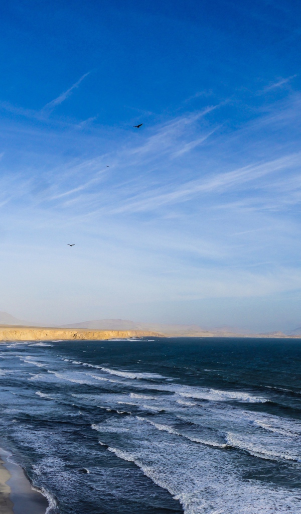 Морские волны на берегу под красивым голубым небом