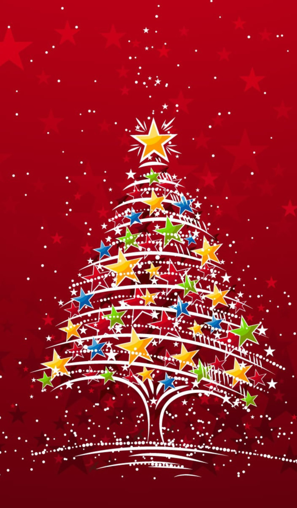 Новогодняя елка из разноцветных звезд на красном фоне