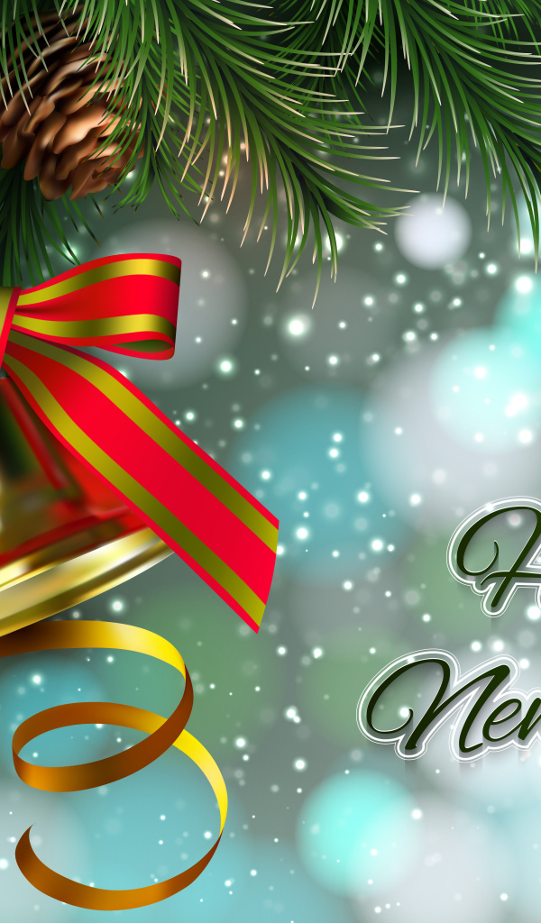 Веселые колокольчики на еловой ветки с надпись на Новый год 