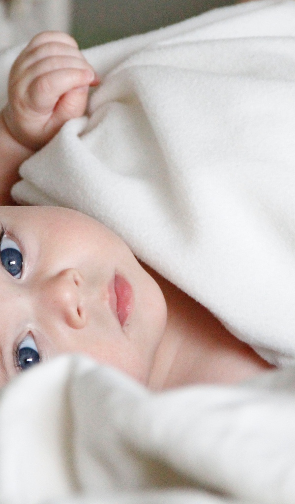 Маленький голубоглазый мальчик под белым покрывалом