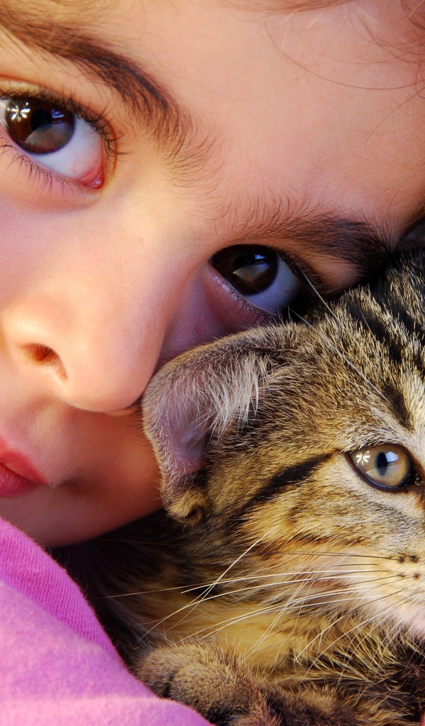 Маленькая кареглазая девочка с серым котом